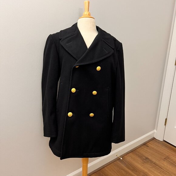 US Navy USN Black Pea Coat Enlisted Wool Gold Eagle Double-breasted 38R - Picture 2 of 12